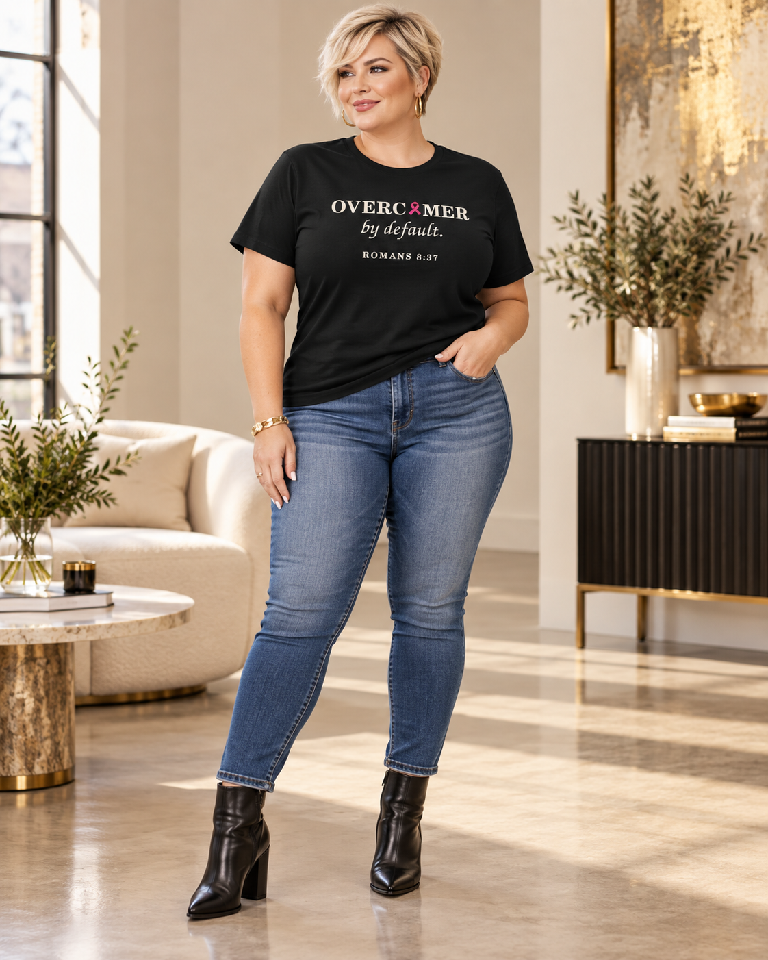 Press & Amen | Overcomer by Default | Breast Cancer Awareness Women’s Premium Tee