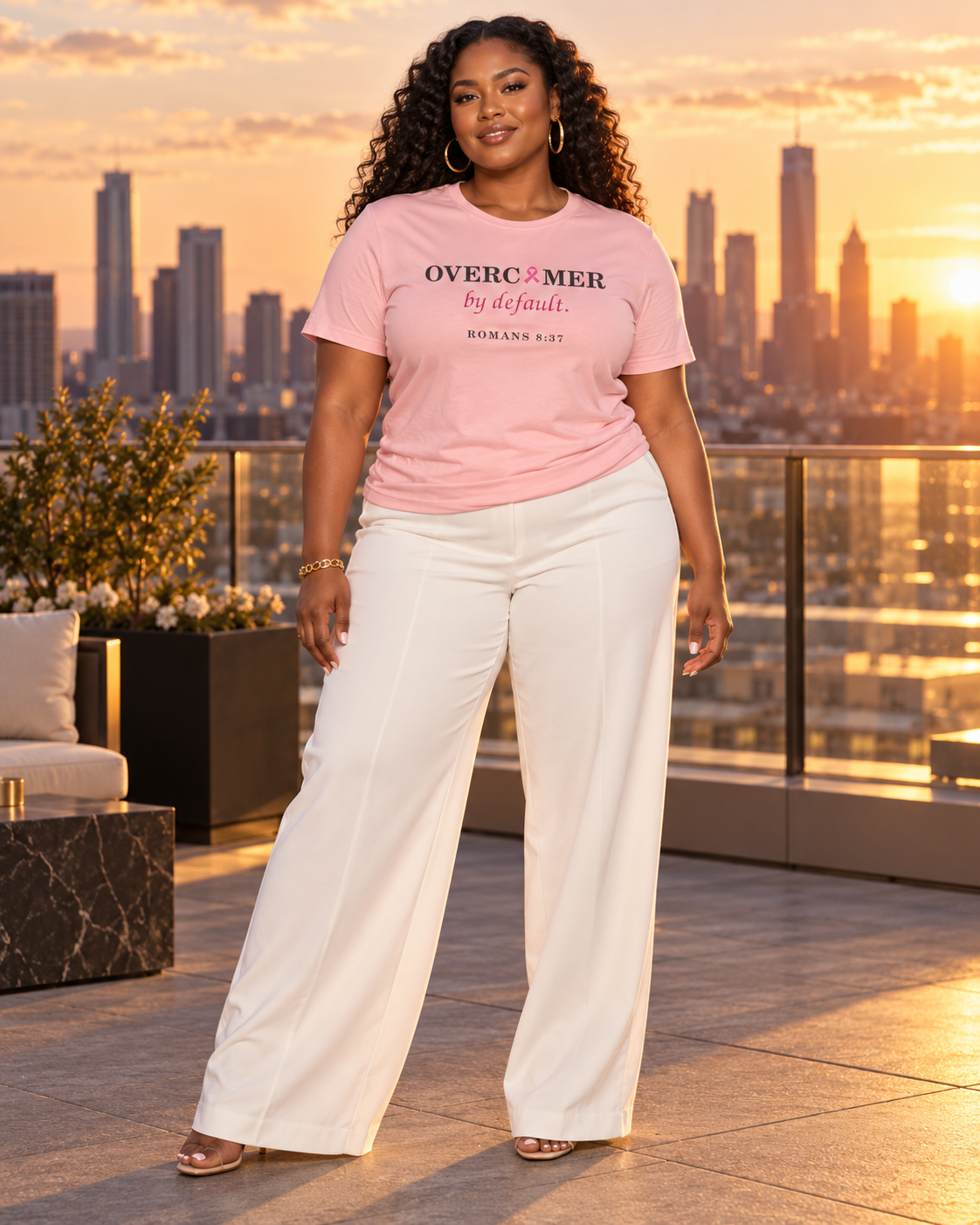 Press & Amen | Overcomer by Default | Breast Cancer Awareness Women’s Premium Tee